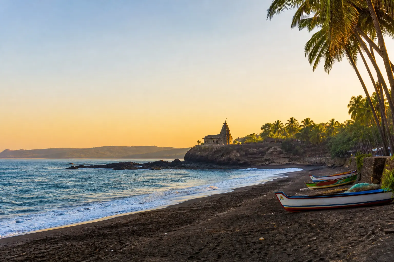Serene Harihareshwar beach cove with golden sand and calm Arabian Sea